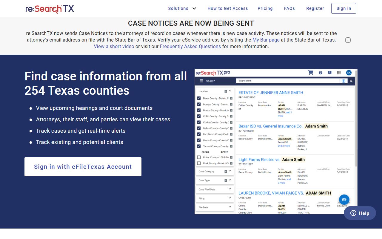 Re:SearchTX home screen for Nueces County court records civil and family cases