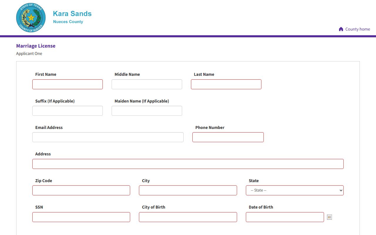 Nueces County Clerk online marriage license application form