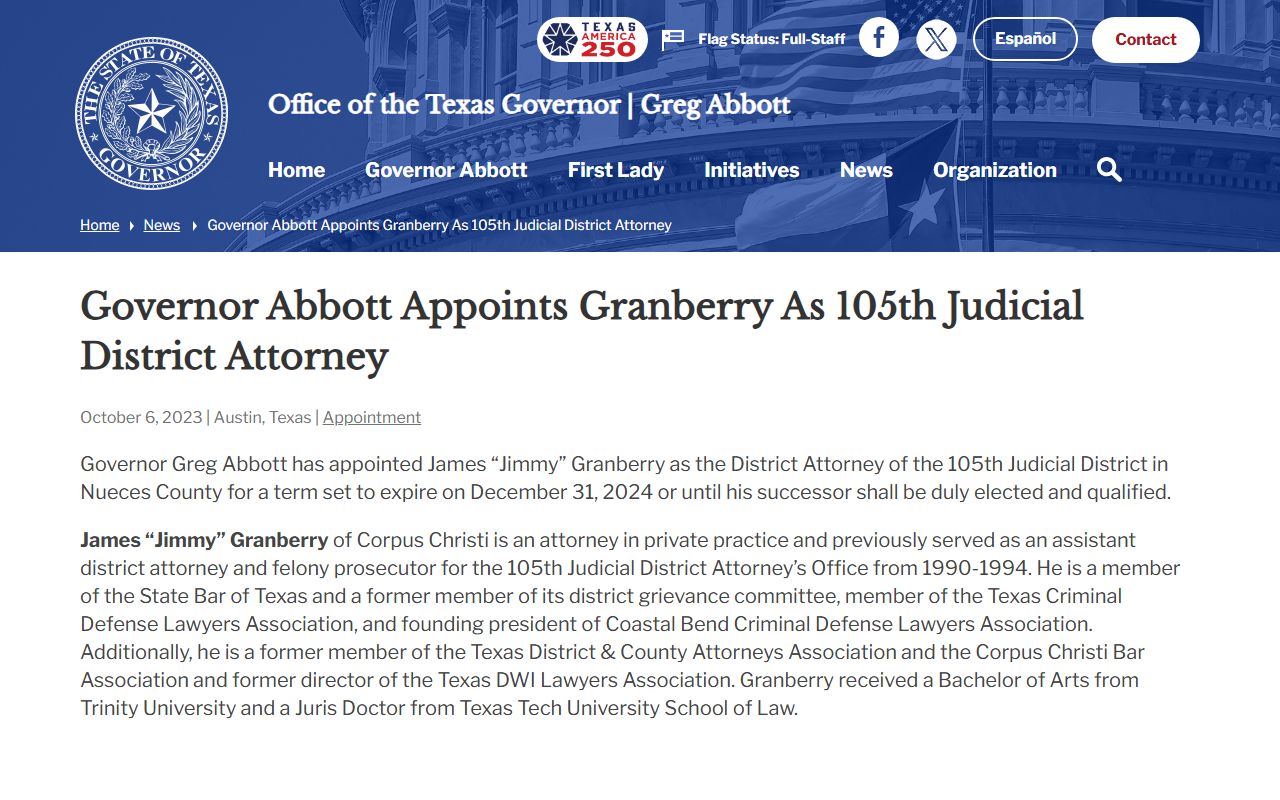 Governor notice appointing the 105th Judicial District Attorney for Nueces County arrest records cases