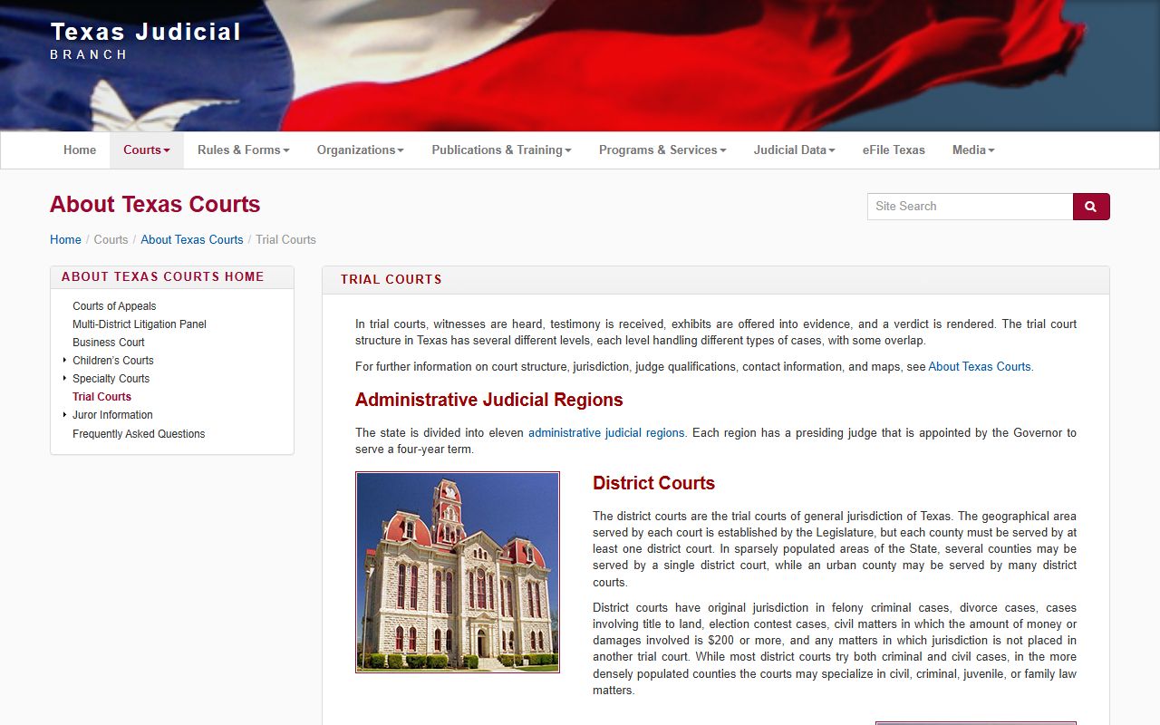 Texas Judicial Branch trial courts overview including Nueces County District Court