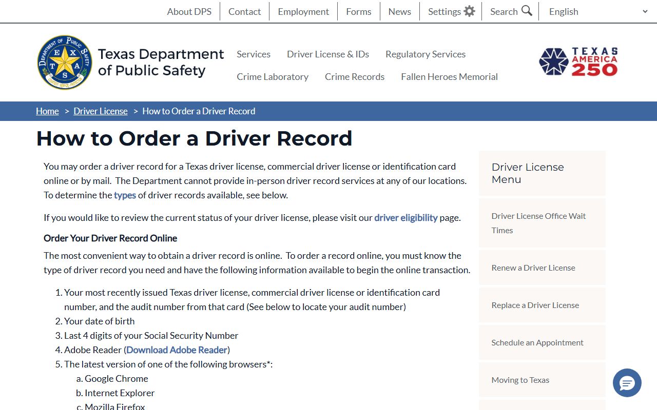 Texas DPS driver record order page used alongside Nueces County traffic court records