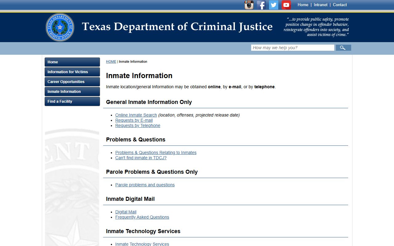 TDCJ offender information page used for Nueces County state inmate records